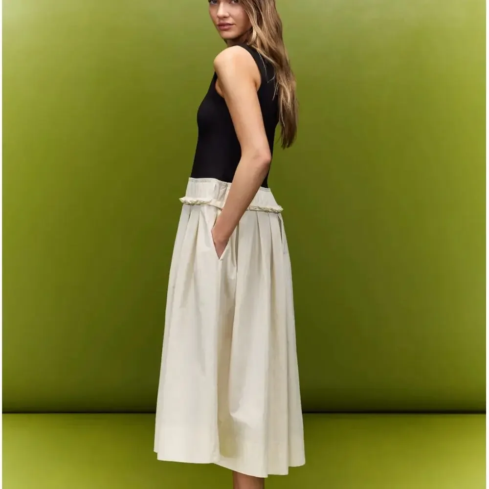 Plan C Black Cream Fit Flare Midi Dress SIZE 10 Romantic Cotton Designer $375 - Picture 2 of 10